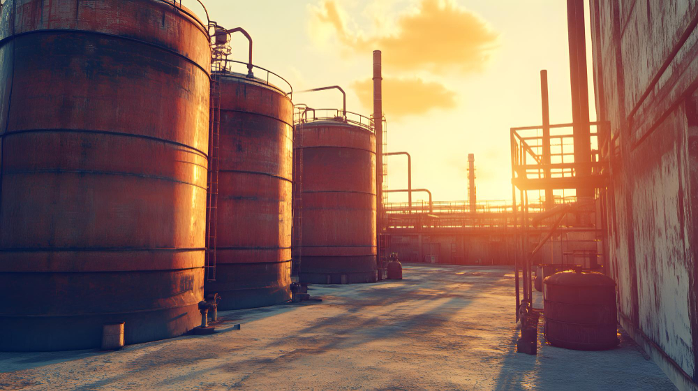 מגוון מיכלי שמן תעשייתי וסינתטי במחסן חלפים למשאבות ואקום