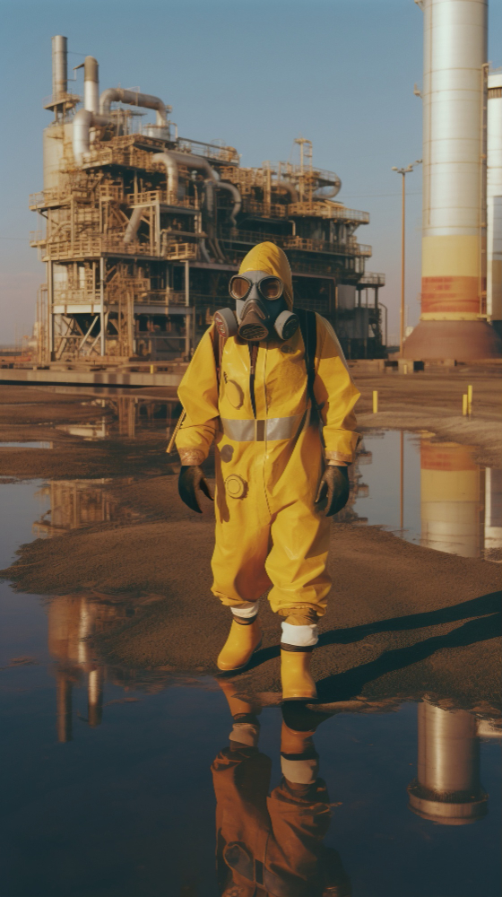 גבר בחליפת מגן מבצע טיפול בגזי תעשייה